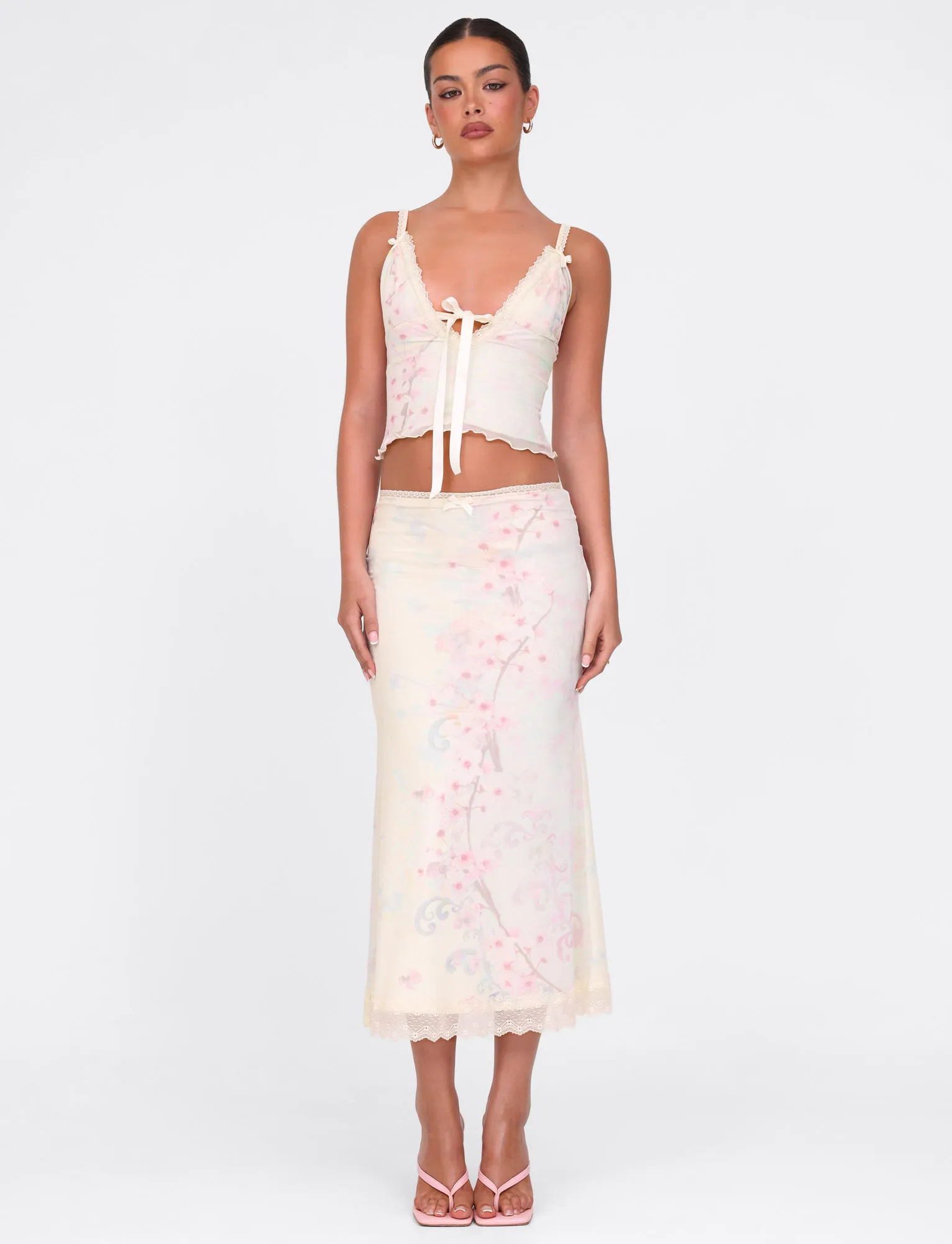 Handmade Quality LONIE MIDI SKIRT - NEUTRAL : FLORAL : WASHED CHERRY BLOSSOM