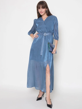 Madame Wrinkled Lurex Self Design Belted Blue Maxi Dress Airy Base Clean Fit