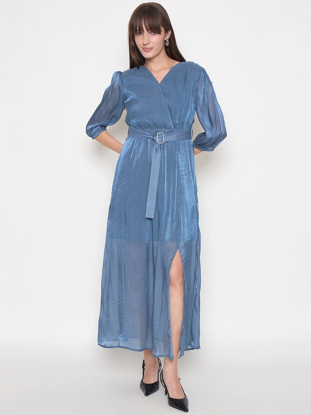 Madame Wrinkled Lurex Self Design Belted Blue Maxi Dress Cool Finish