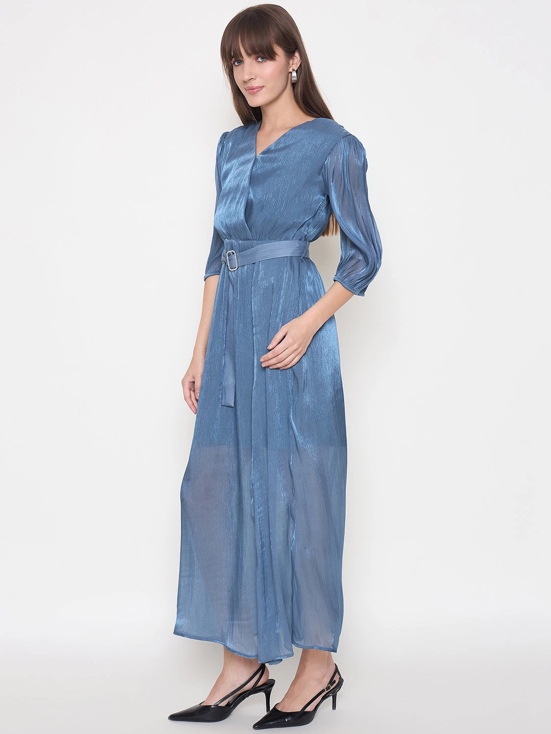 Back-Zip High Neck Madame Wrinkled Lurex Self Design Belted Blue Maxi Dress