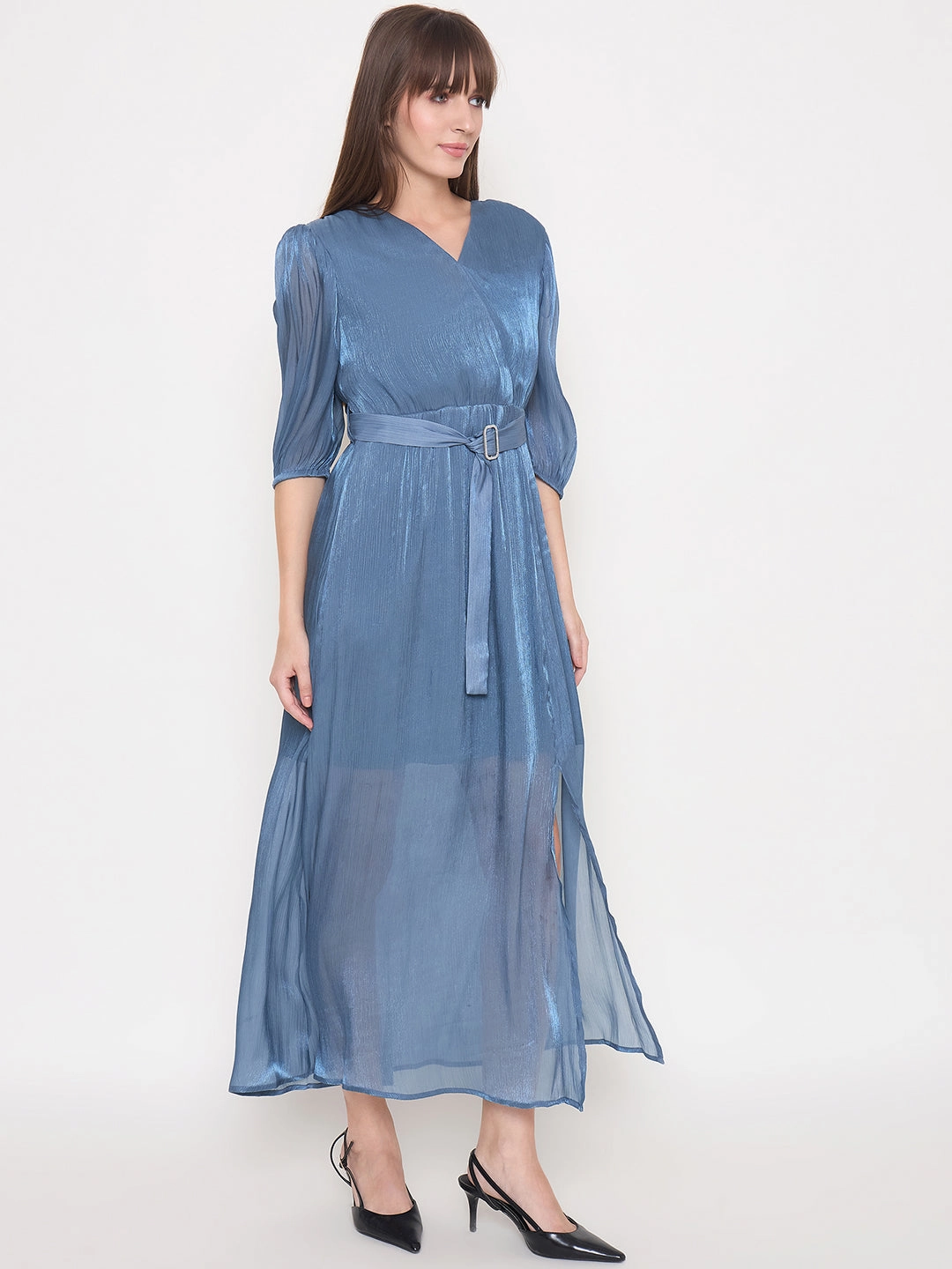 Comfortable shift dress Clean Outfit Madame Wrinkled Lurex Self Design Belted Blue Maxi Dress