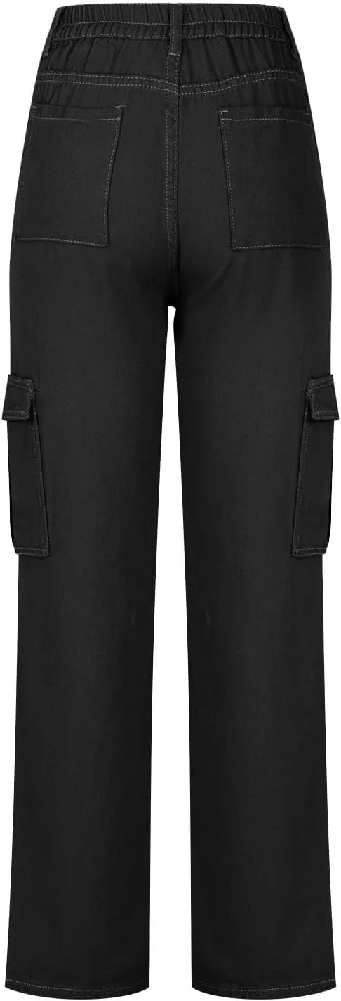 Trendy Cargo Jeans for Women Loose Straight Leg Denim Jean Casual Multi-Pocket Denim Pants Full Length Trousers