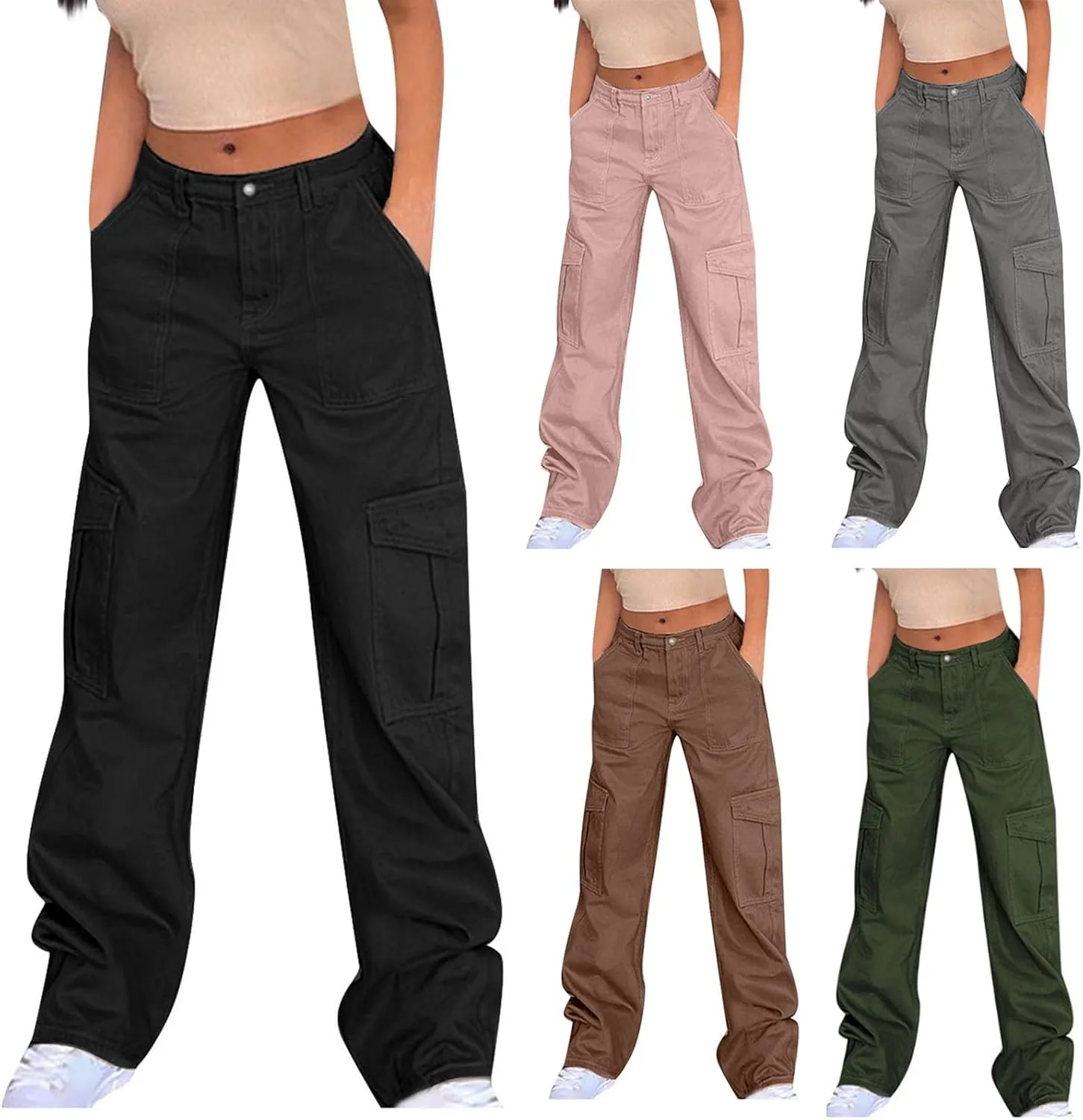 Trendy Cargo Jeans for Women Loose Straight Leg Denim Jean Casual Multi-Pocket Denim Pants Full Length Trousers