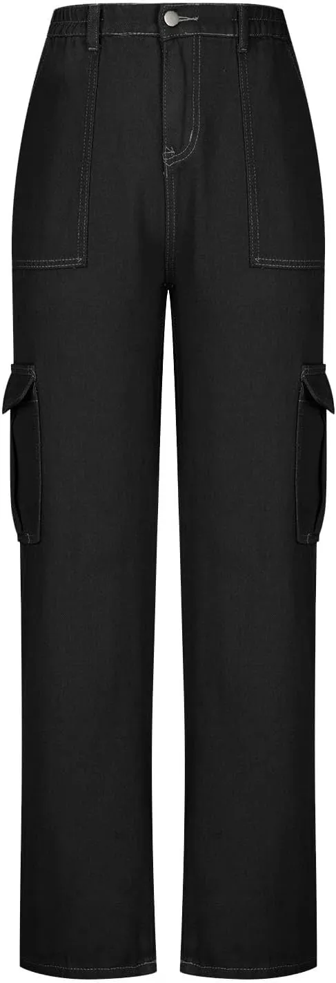 Trendy Cargo Jeans for Women Loose Straight Leg Denim Jean Casual Multi-Pocket Denim Pants Full Length Trousers