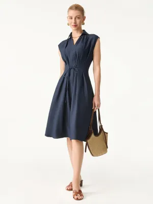 Fresh Outfit Organic-Fabric Viscose-Linen Collared V-neck Midi Dress with Drawstring