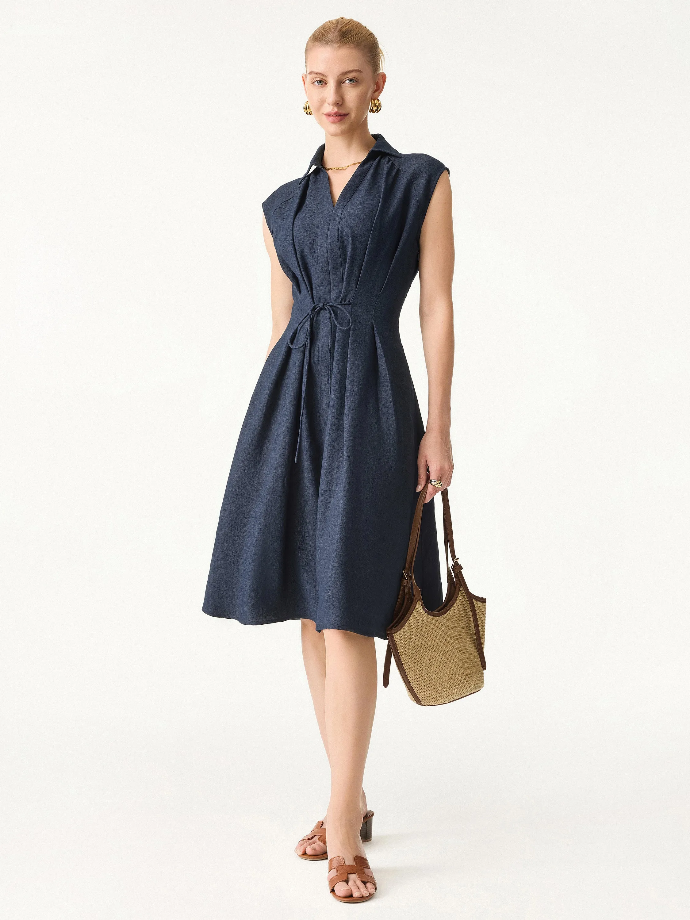 Versatile occasion dress Vibrant Tone Viscose-Linen Collared V-neck Midi Dress with Drawstring