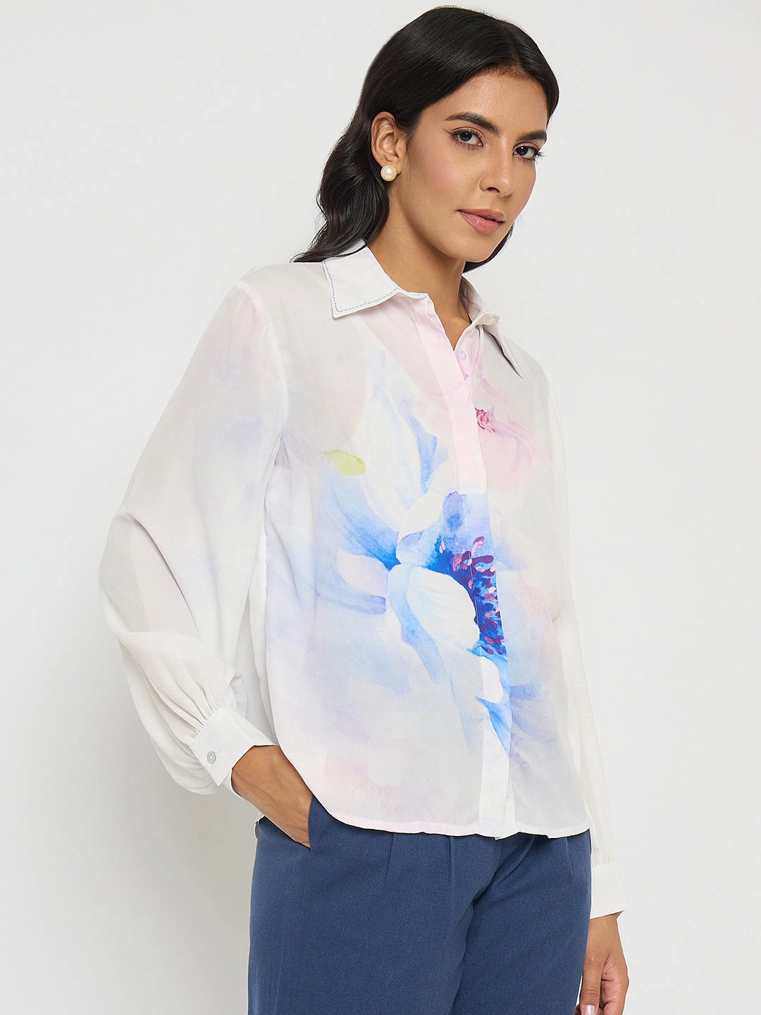 Madame Floral Print Contrast Stiched Collar Off White Shirt Button Down Design