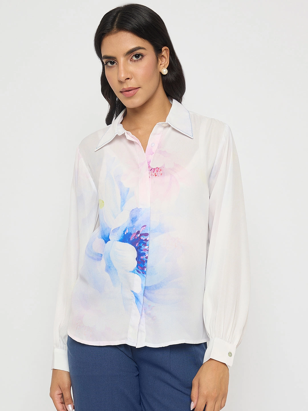 natural fiber Active Layer Madame Floral Print Contrast Stiched Collar Off White Shirt