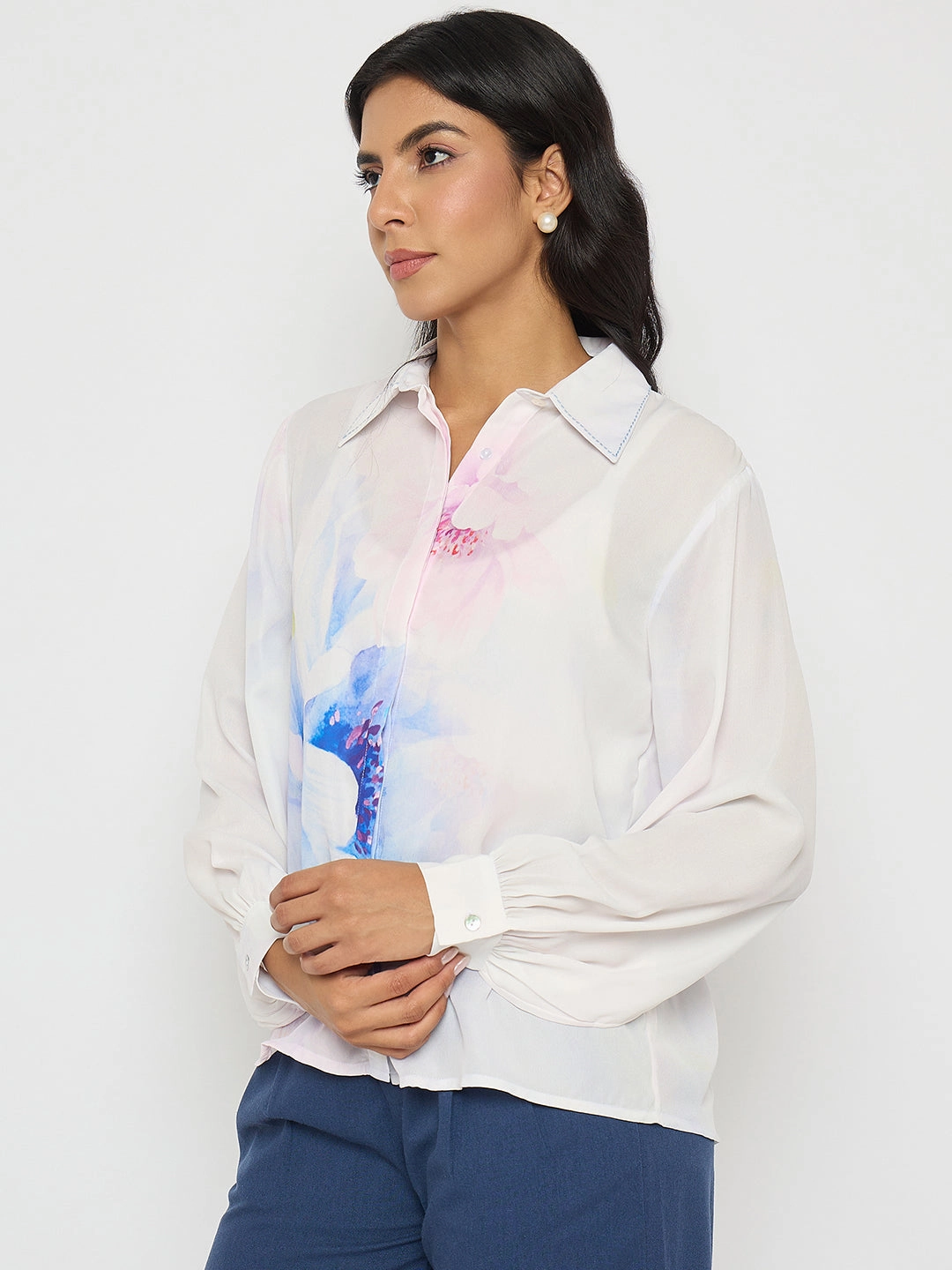 Madame Floral Print Contrast Stiched Collar Off White Shirt Premium Pima Cotton