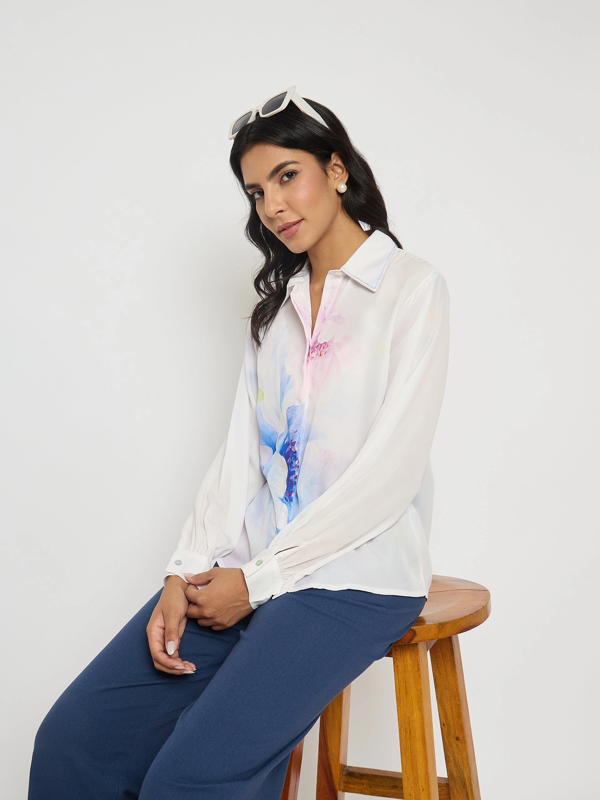 Madame Floral Print Contrast Stiched Collar Off White Shirt Reinforced Seams Cooling Mesh Lining