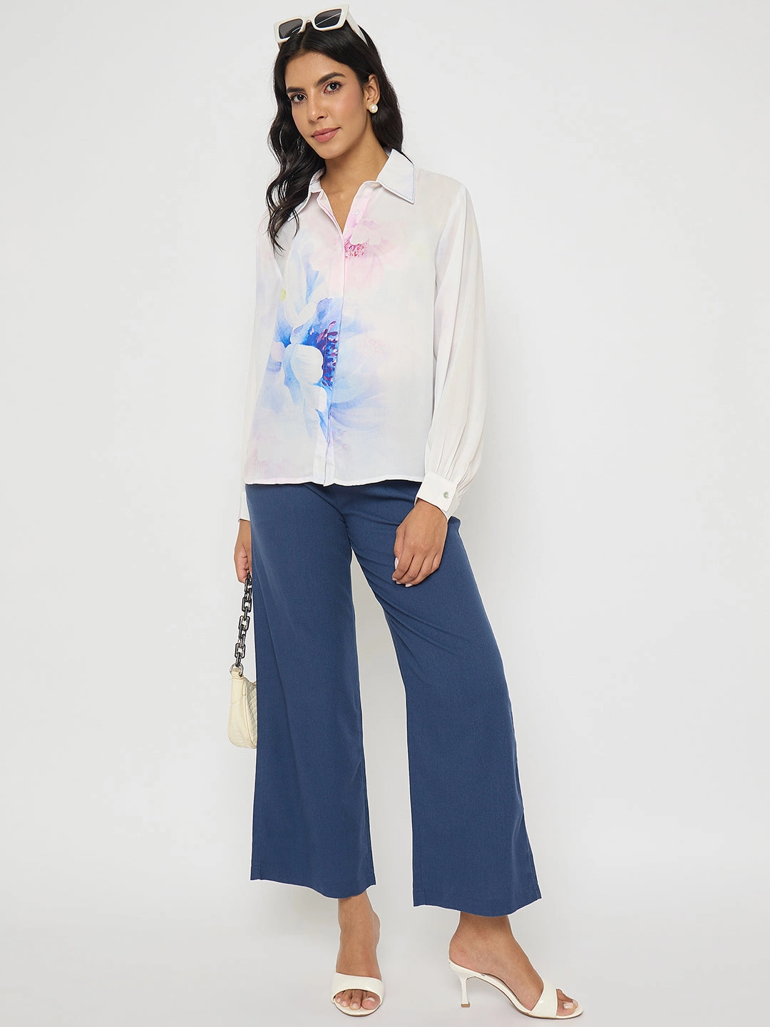 Madame Floral Print Contrast Stiched Collar Off White Shirt Earthy Palette Gift Idea