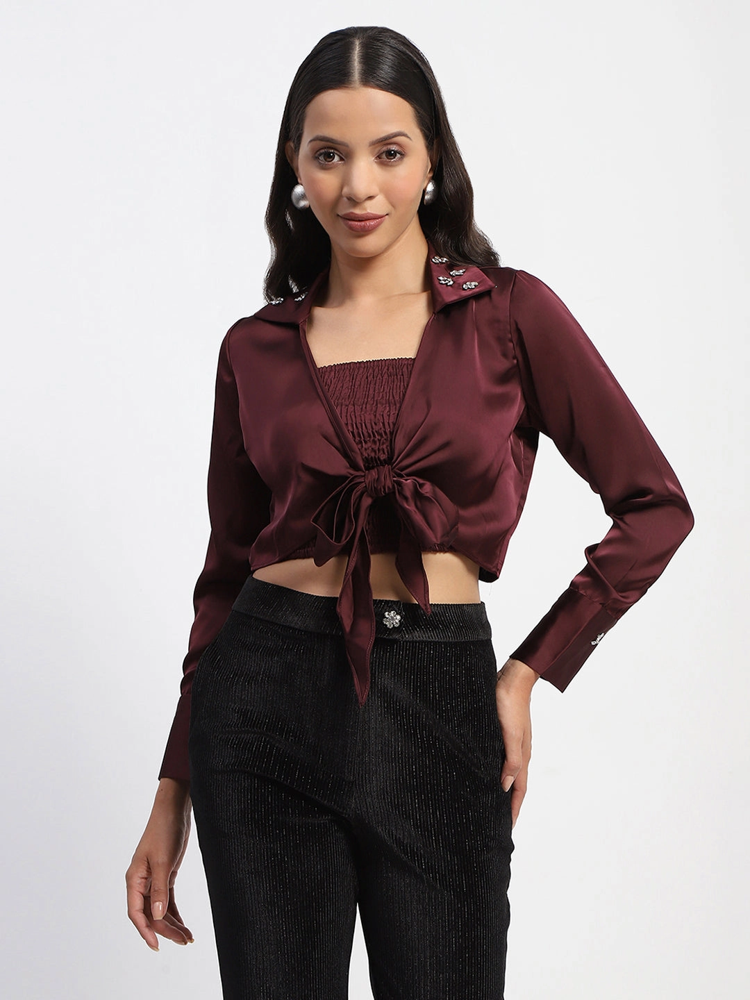 Madame Embellished Collar Front Knot Two Piece Maroon Crop Shirt Trendy Design Lace Accent