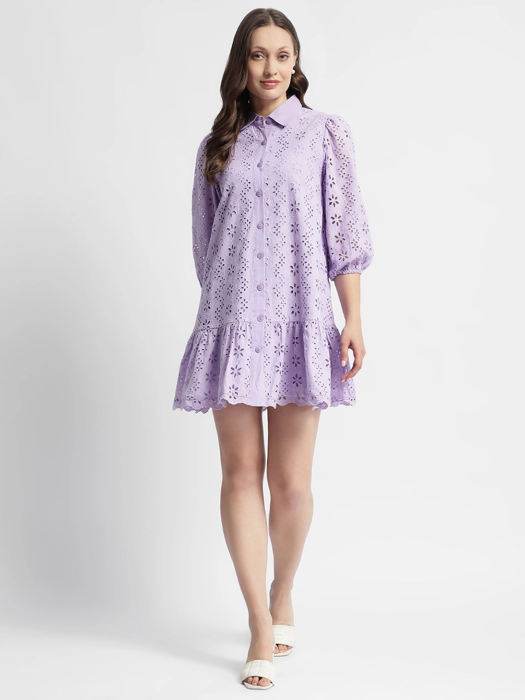 Timeless Fit Look Sleek Vibe Madame Lilac Flared Hem Schiffli Mini Dress