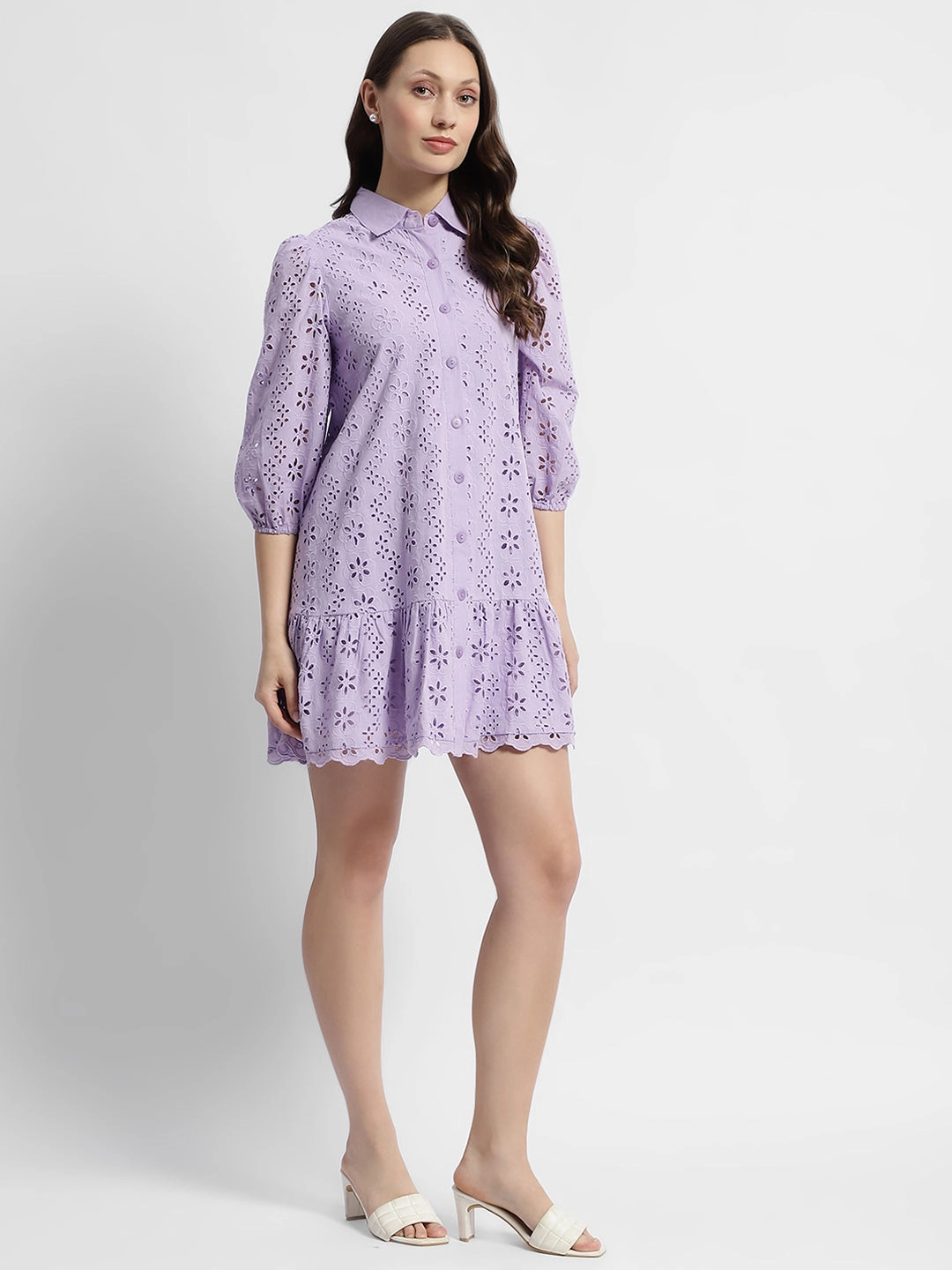 Madame Lilac Flared Hem Schiffli Mini Dress Feminine off-the-shoulder gown