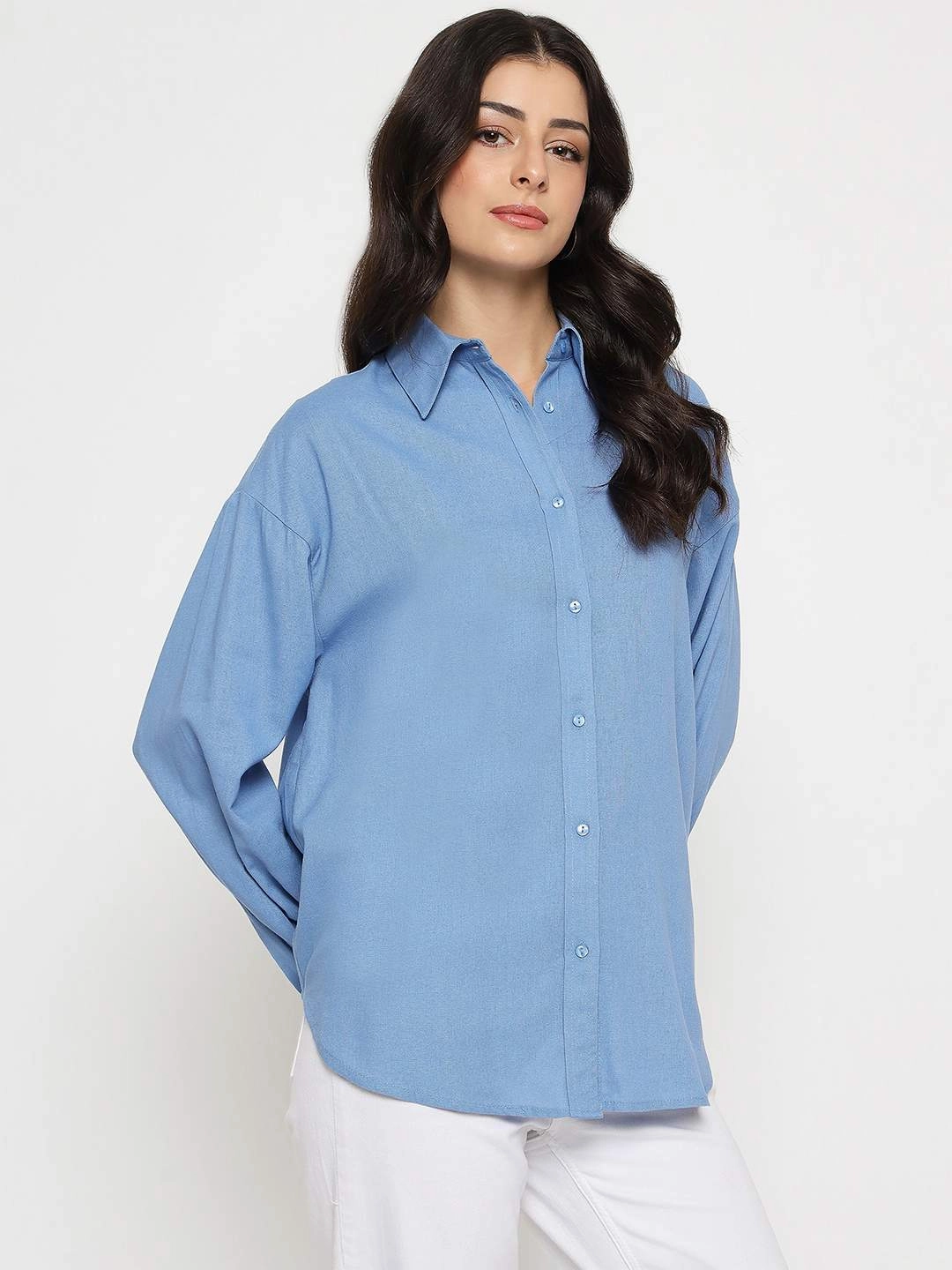 Casual Option Madame Linen Blend Solid Cobalt Blue Shirt