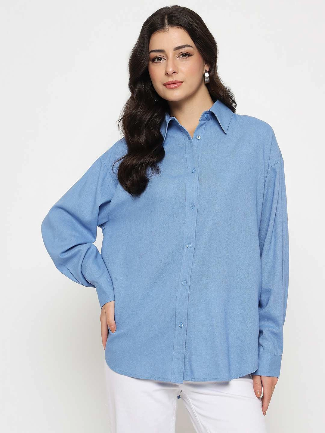 Simple Fit Sweat-Absorbing Madame Linen Blend Solid Cobalt Blue Shirt