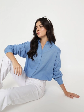Madame Linen Blend Solid Cobalt Blue Shirt All Purpose Weave Design Networking Session