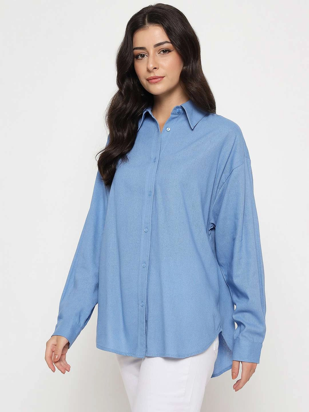 Madame Linen Blend Solid Cobalt Blue Shirt Teen Fashion Matte Look