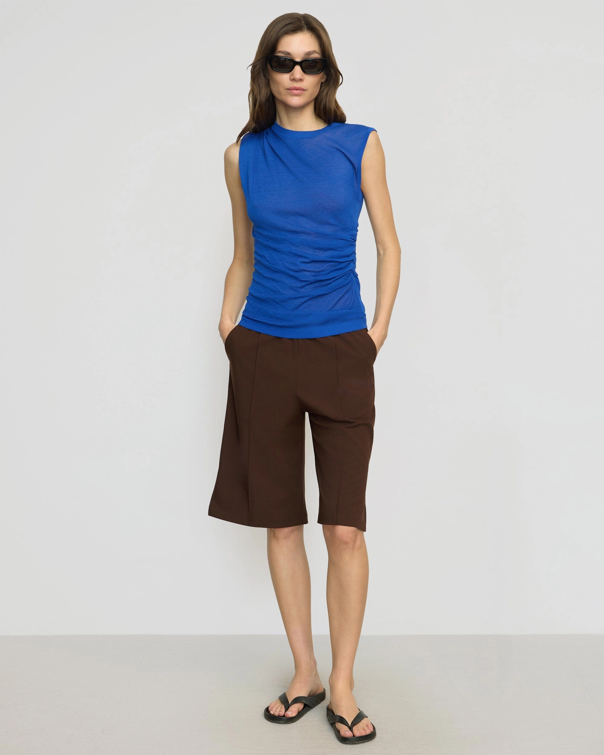 Mikey Semi-Sheer Asymmetric-Ruched Top Light Fabric