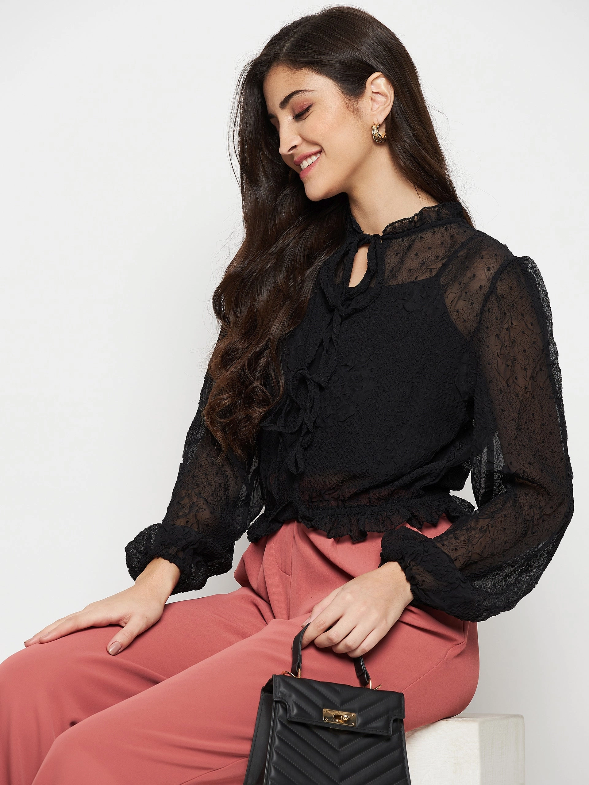 Breathable mesh Madame Textured Swiss Dot Detail Black Peplum Top