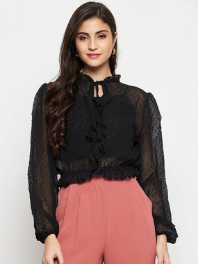 Madame Textured Swiss Dot Detail Black Peplum Top Ribbed Hem Finish