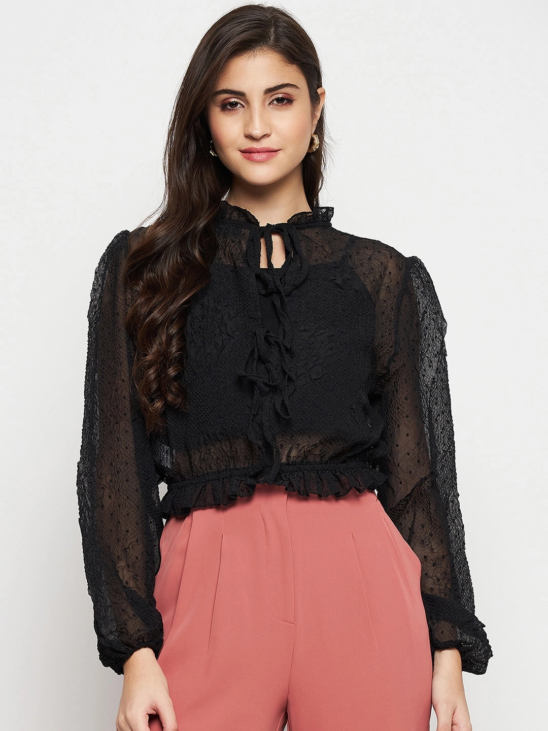 Madame Textured Swiss Dot Detail Black Peplum Top Ribbed Hem Finish