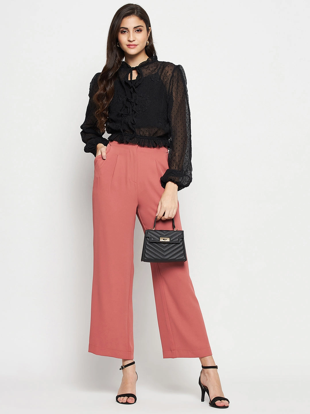 Madame Textured Swiss Dot Detail Black Peplum Top Soft Touch
