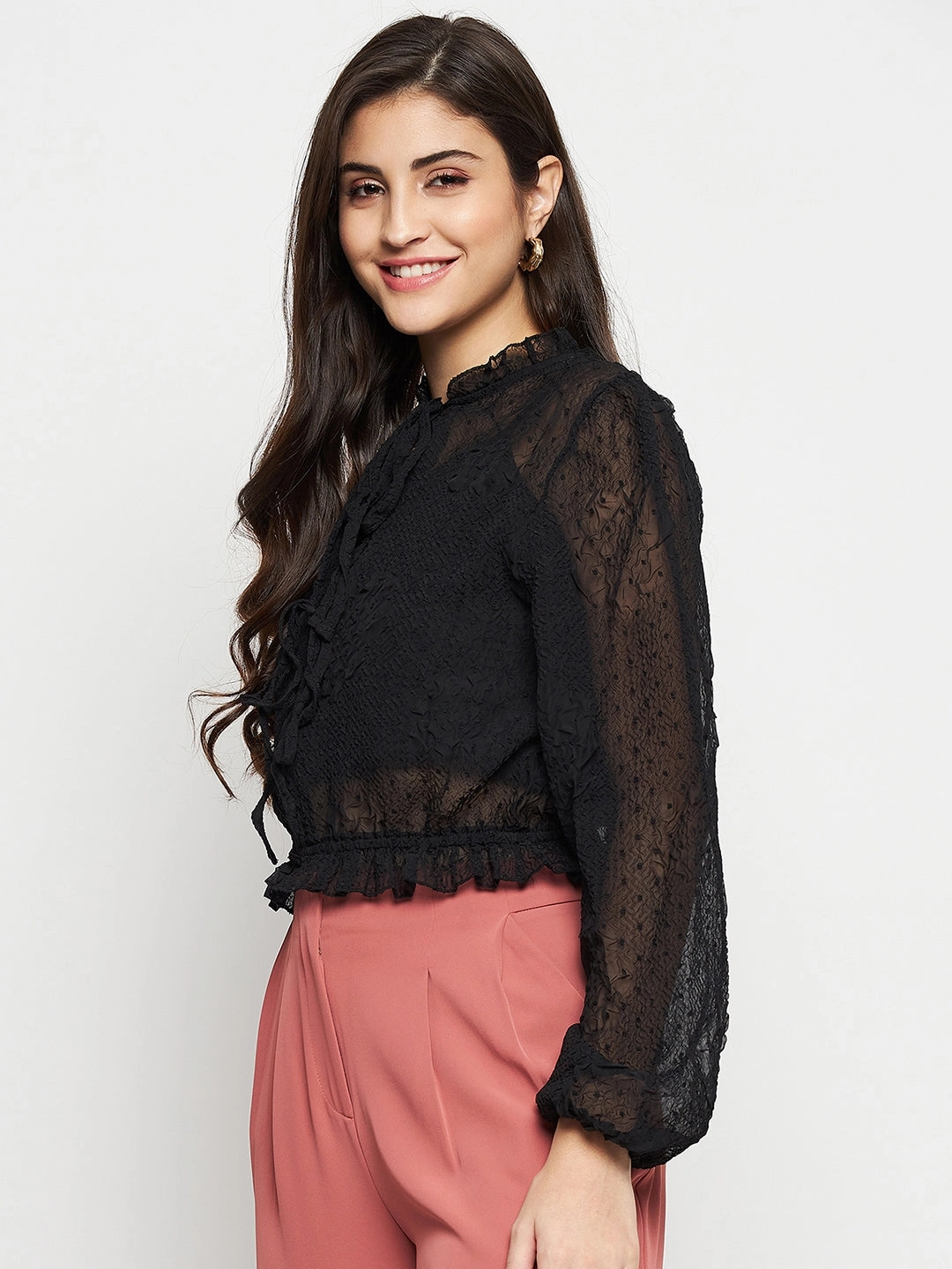 Fashionable Style TactileWeave Madame Textured Swiss Dot Detail Black Peplum Top