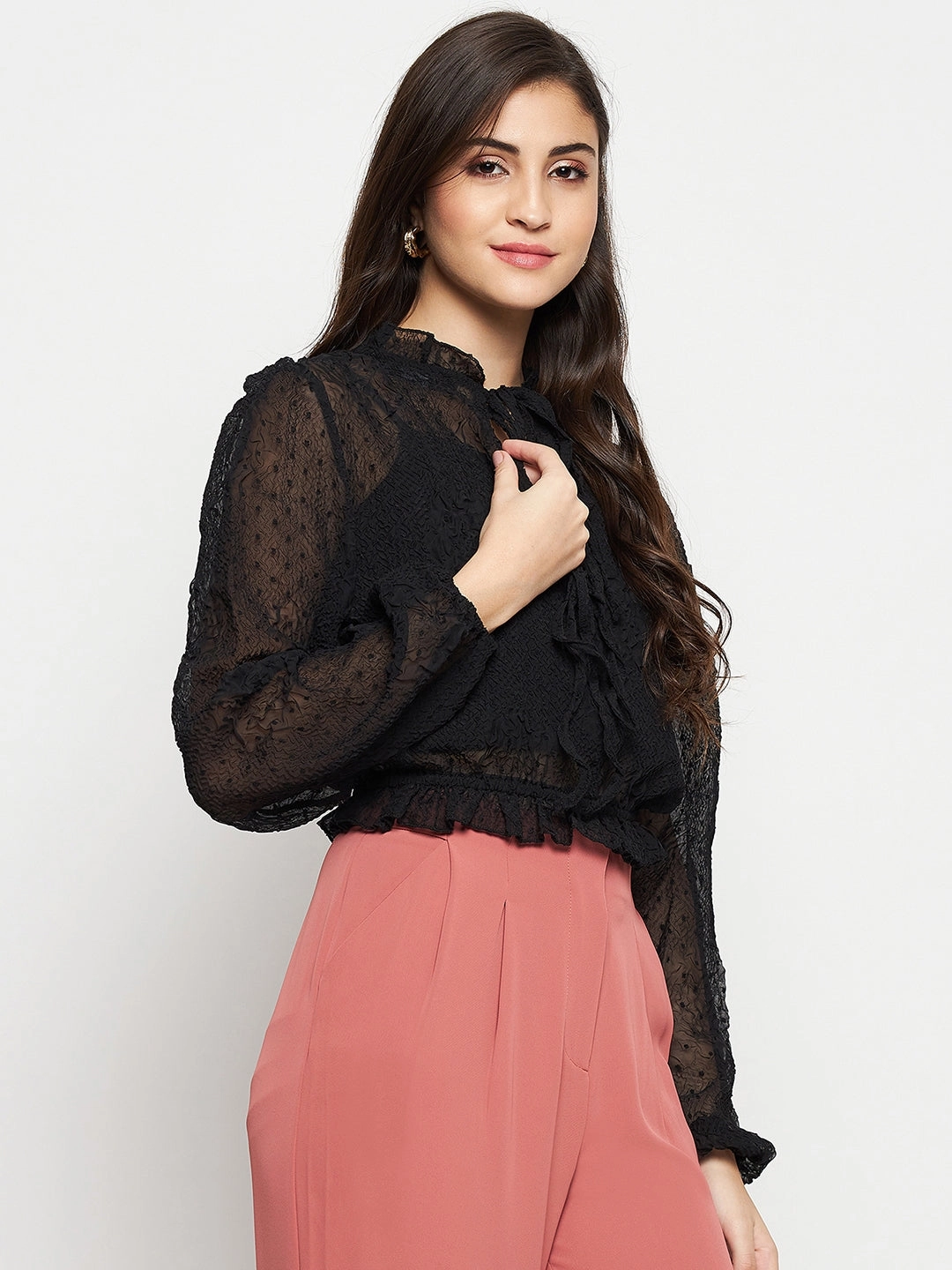 High Collar Option Madame Textured Swiss Dot Detail Black Peplum Top