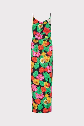 Stretchable Waistband Tulip Rosette Ruched Cowl Neck Midi Dress