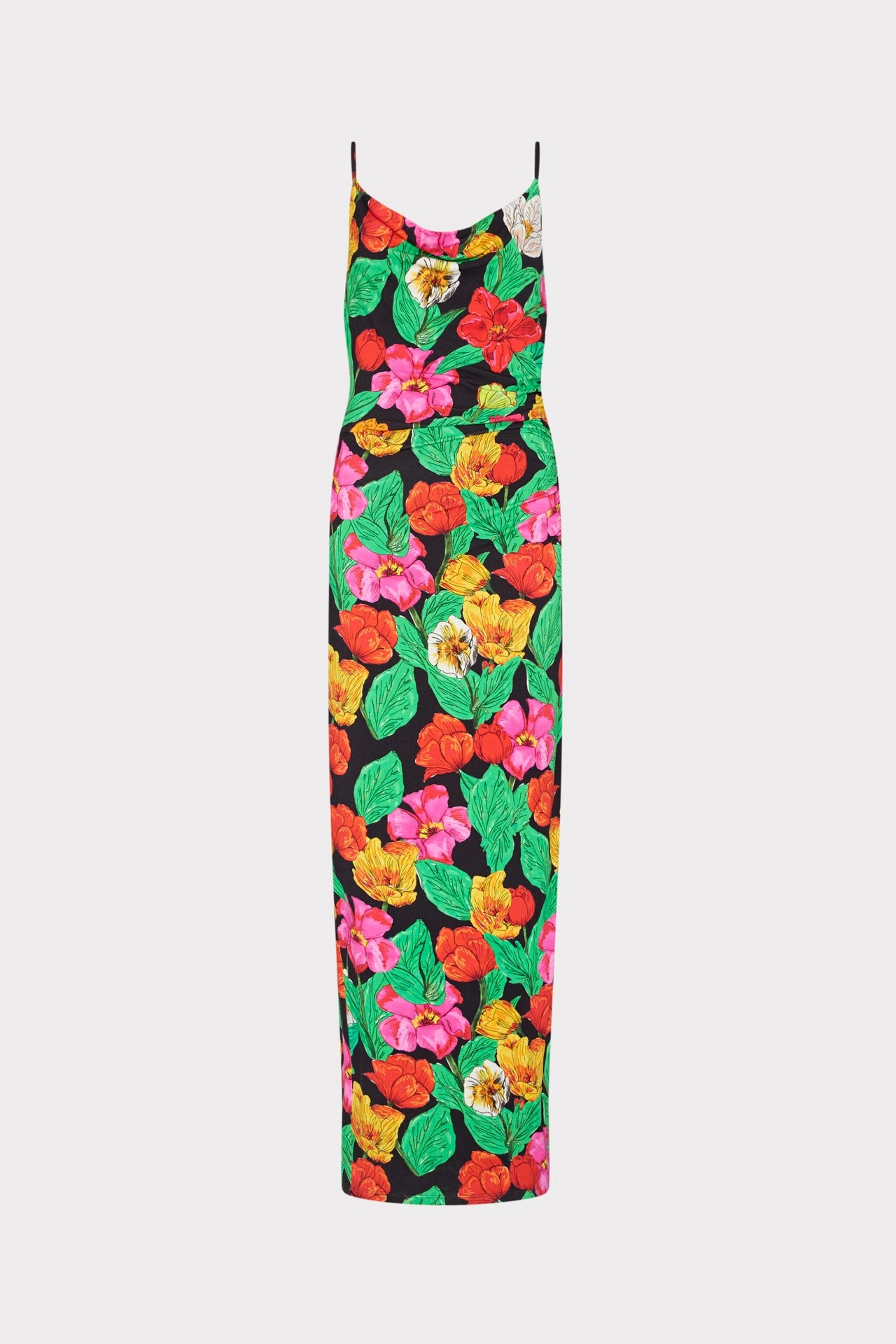 Hypoallergenic Fiber Blend Tulip Rosette Ruched Cowl Neck Midi Dress