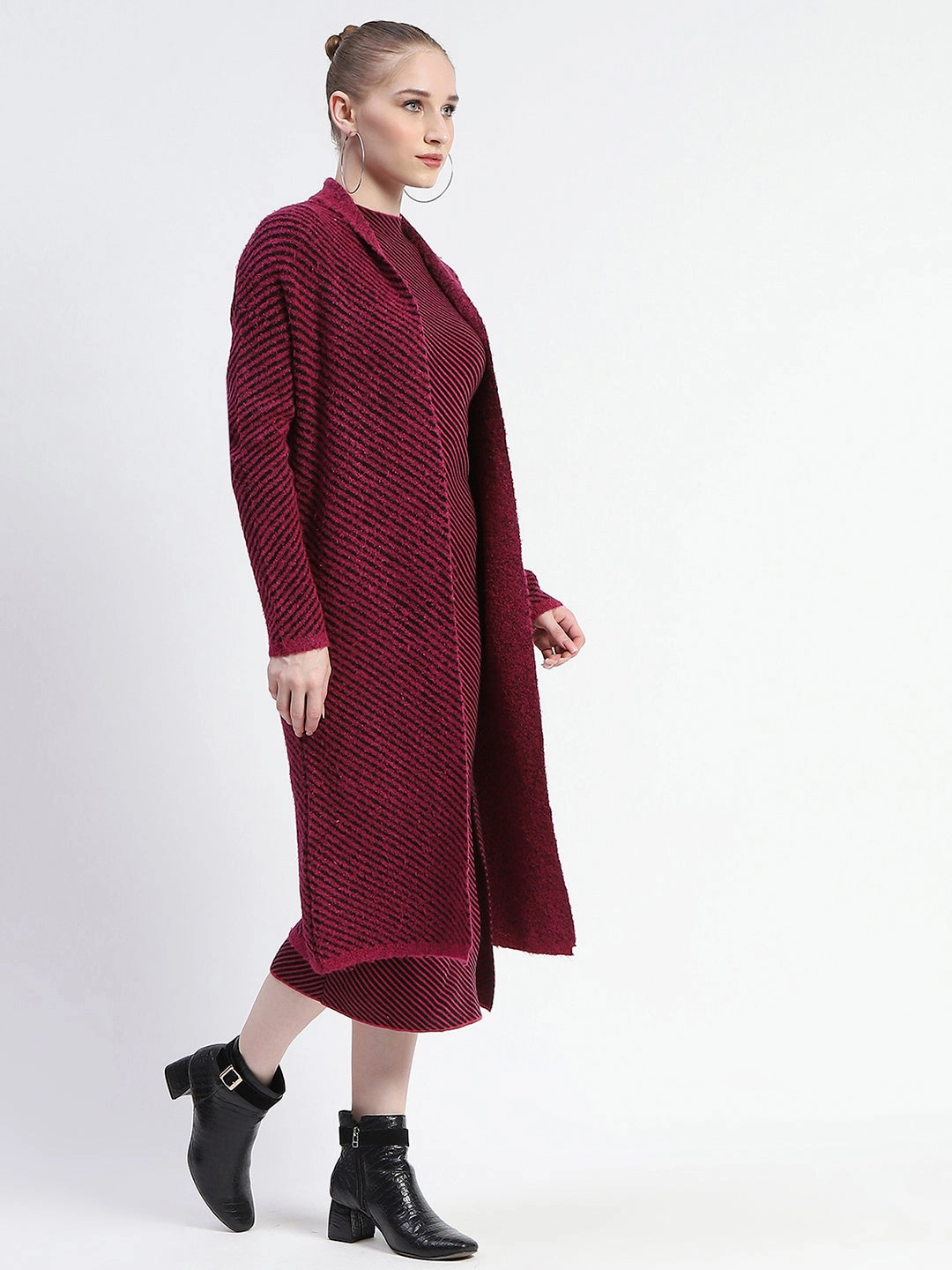 Day Chic Madame Diagonal Stripe Magenta Shrug And Midi Dress Co-Ord Set