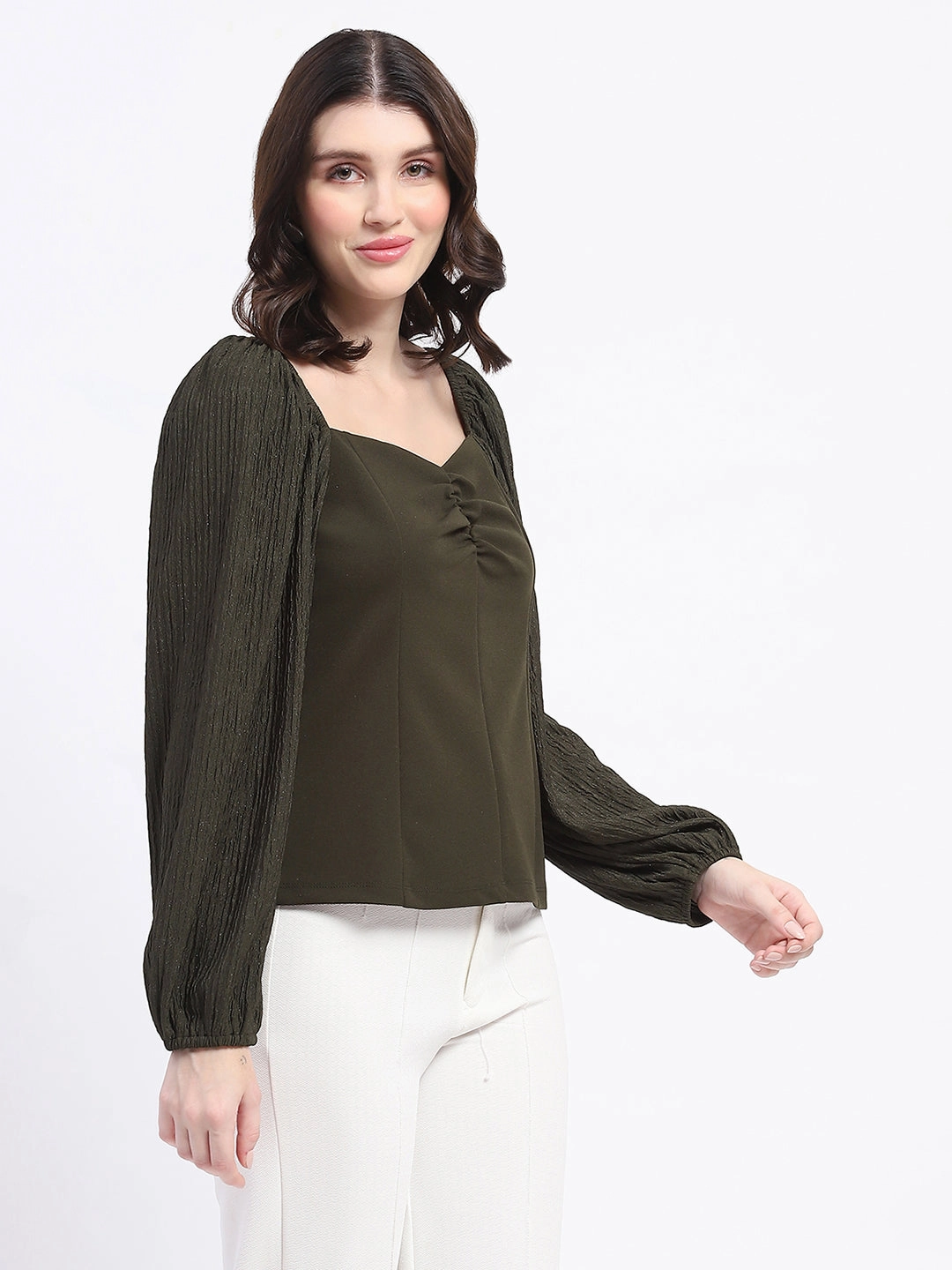 Fun Design Madame Sweetheart Neck Elasticated Rush Detailed Solid Olive Knit moss Top