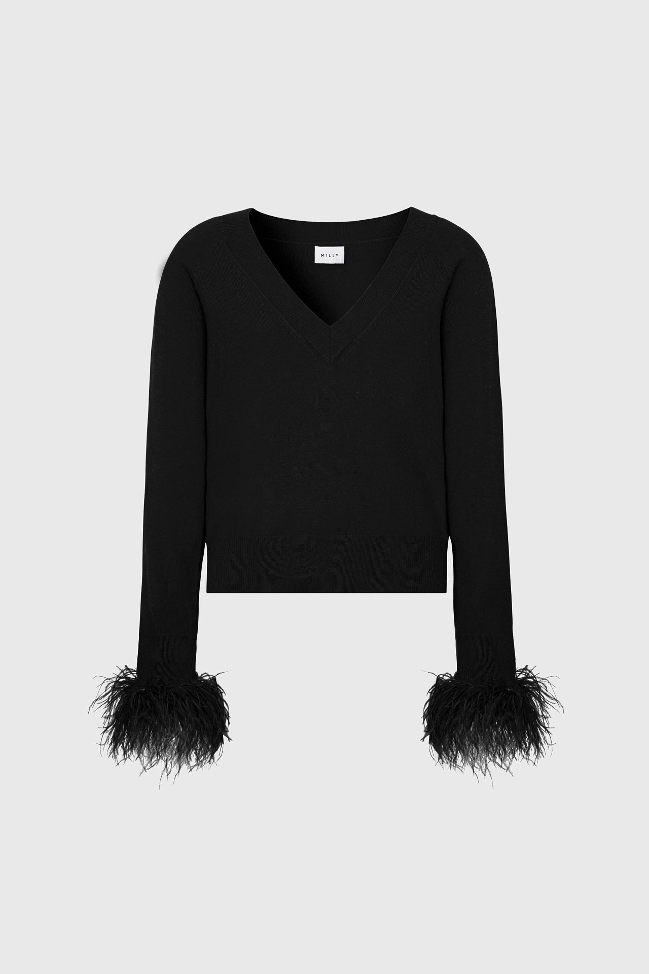 Elastic hemline Feather Cuff V-Neck Sweater