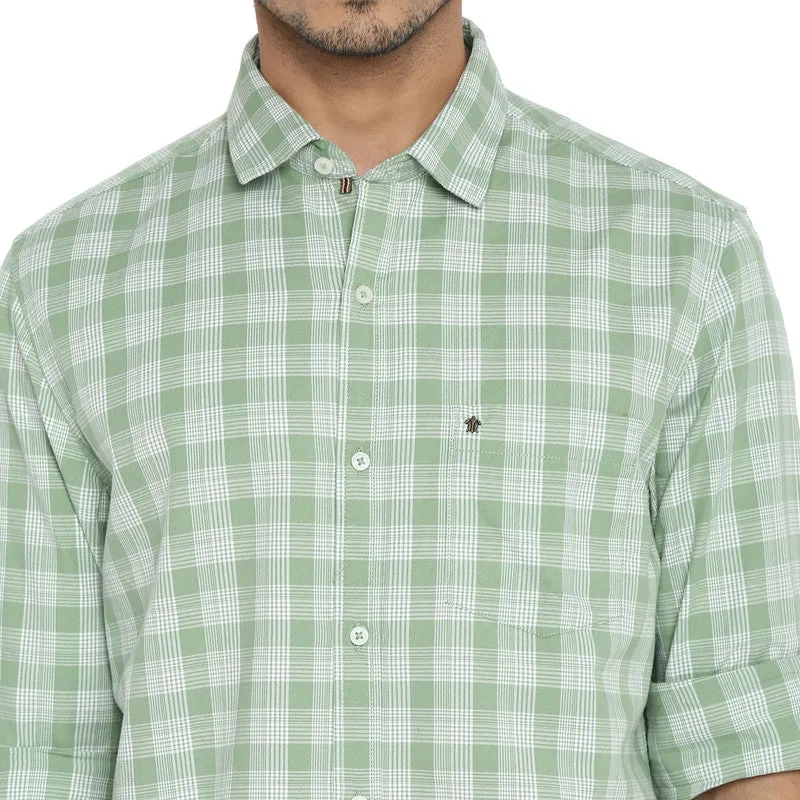Turtle Men Cotton Light Green Slim Fit Checkered Shirts