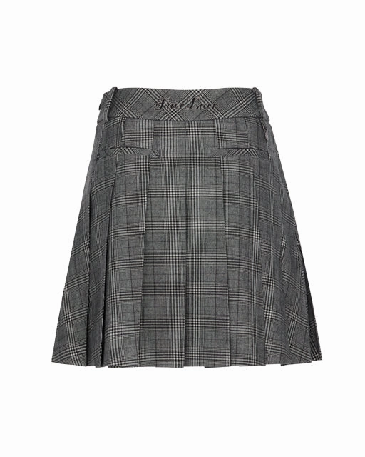 Simple Comfort Fold Over Detail Mid Pleated Flare Checkered Skirt