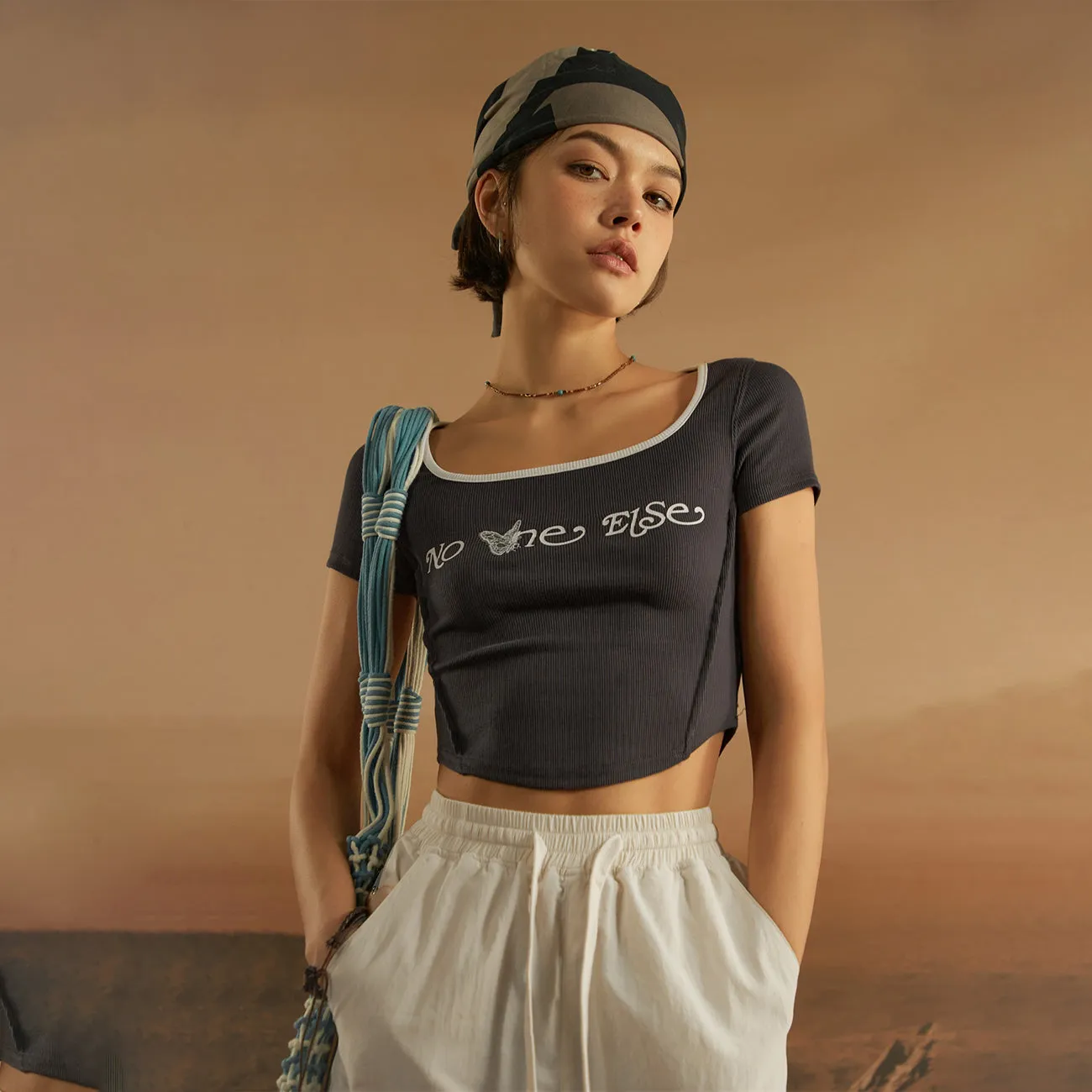 U-Neck Butterfly Cropped T-Shirt