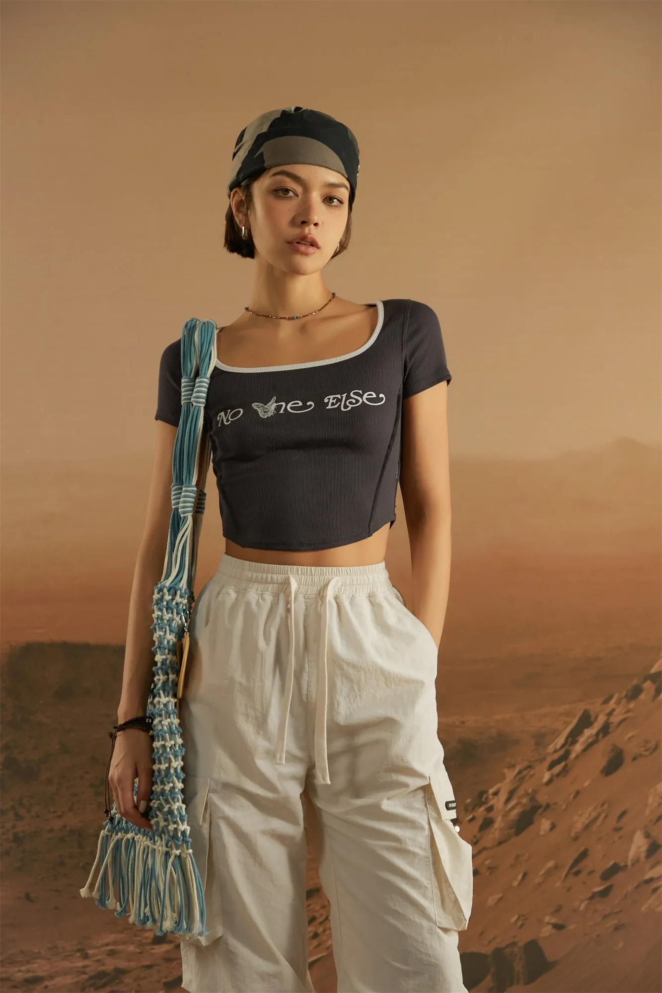 U-Neck Butterfly Cropped T-Shirt