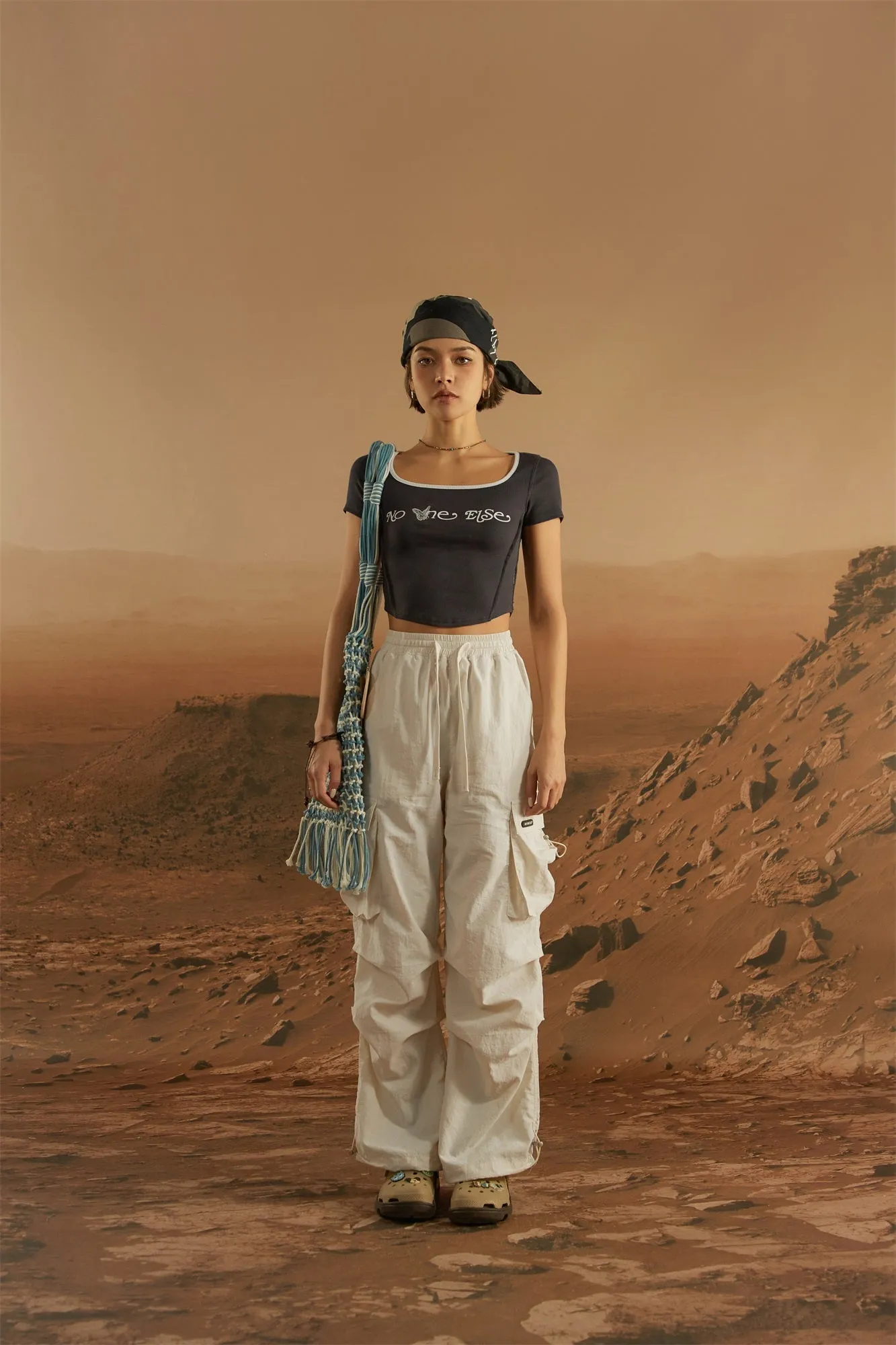 U-Neck Butterfly Cropped T-Shirt