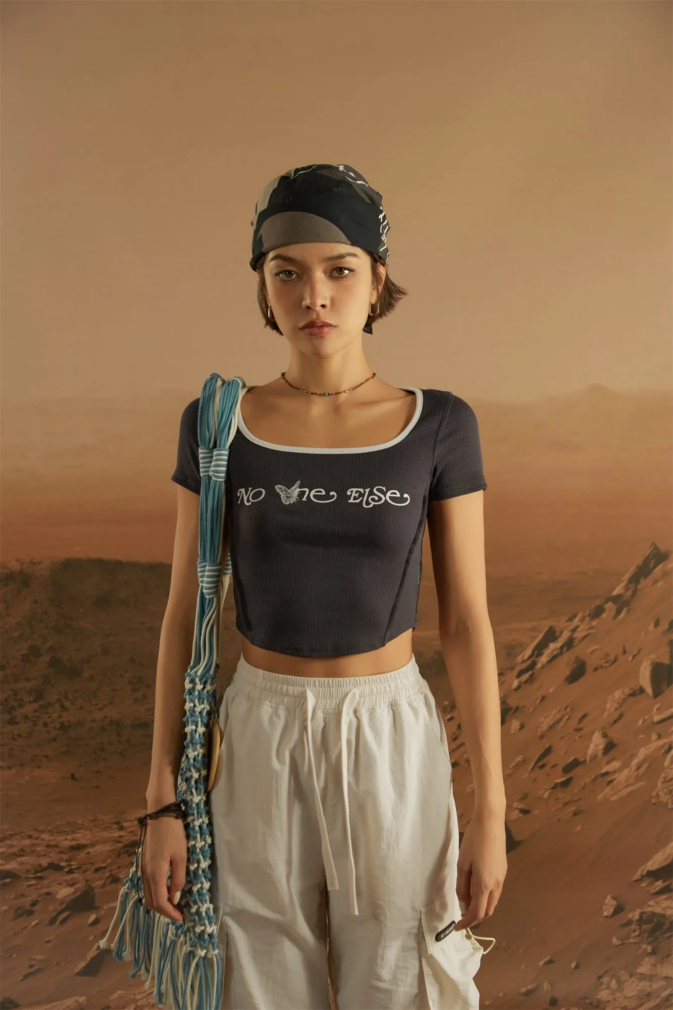 U-Neck Butterfly Cropped T-Shirt