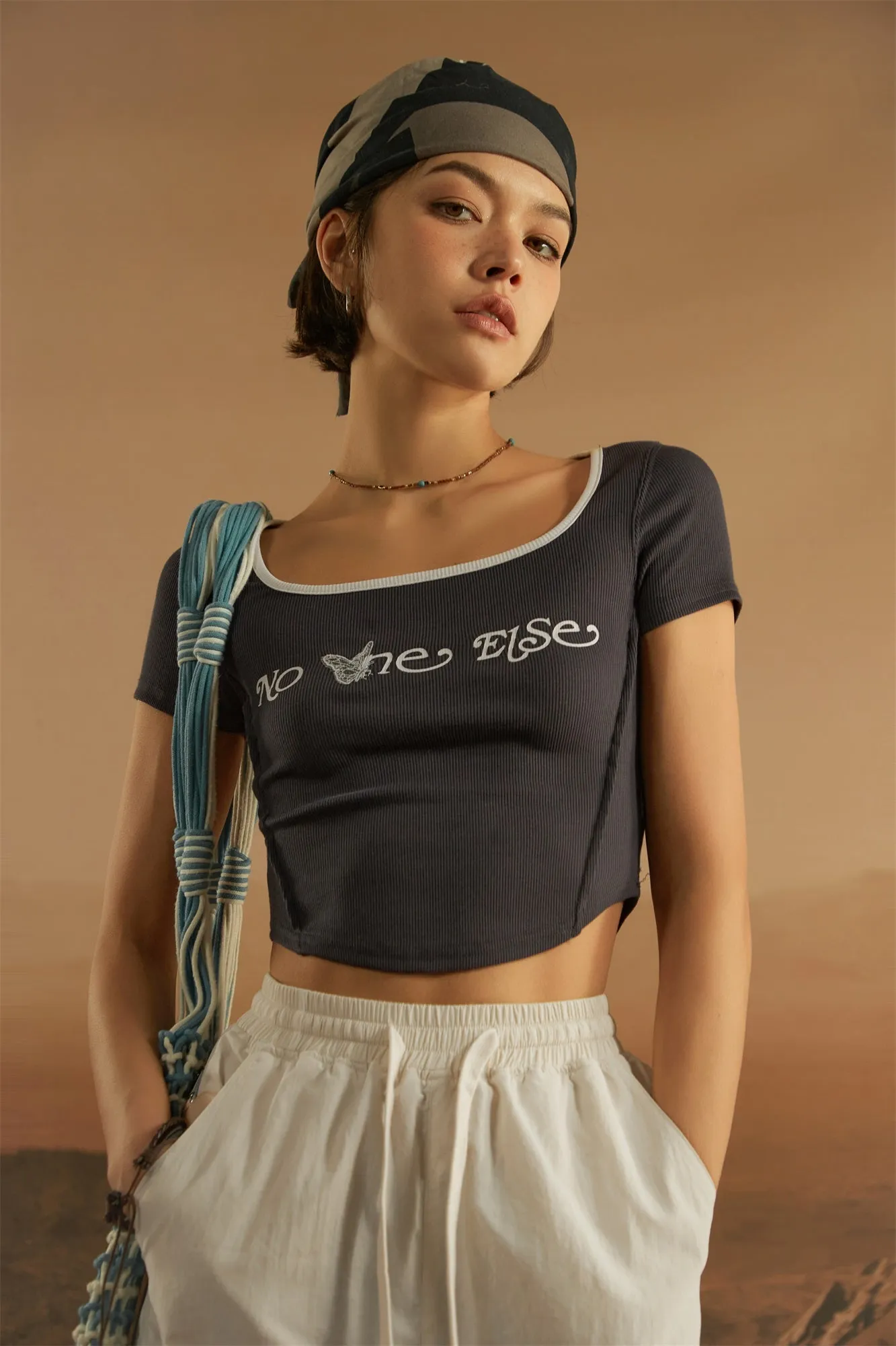 U-Neck Butterfly Cropped T-Shirt