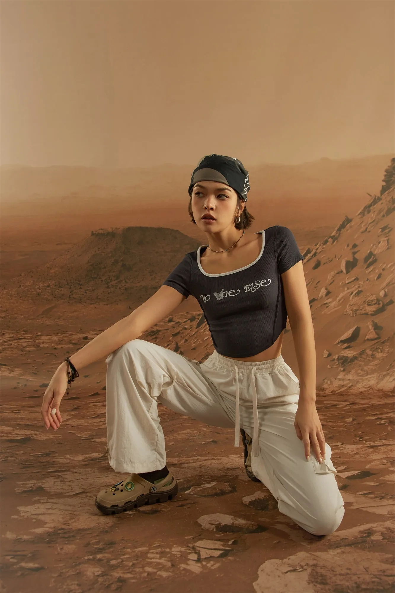 U-Neck Butterfly Cropped T-Shirt