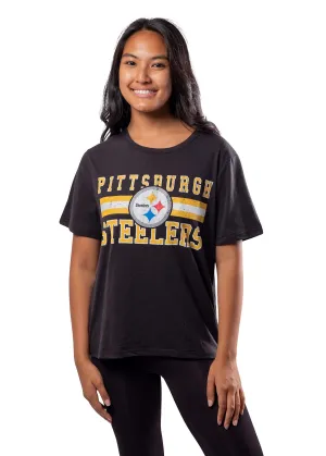 Ultra Game NFL Official Women's Distressed Graphics Super Soft Crew Neck T-Shirt, Pittsburgh Steelers, Team Color|Pittsburgh Steelers