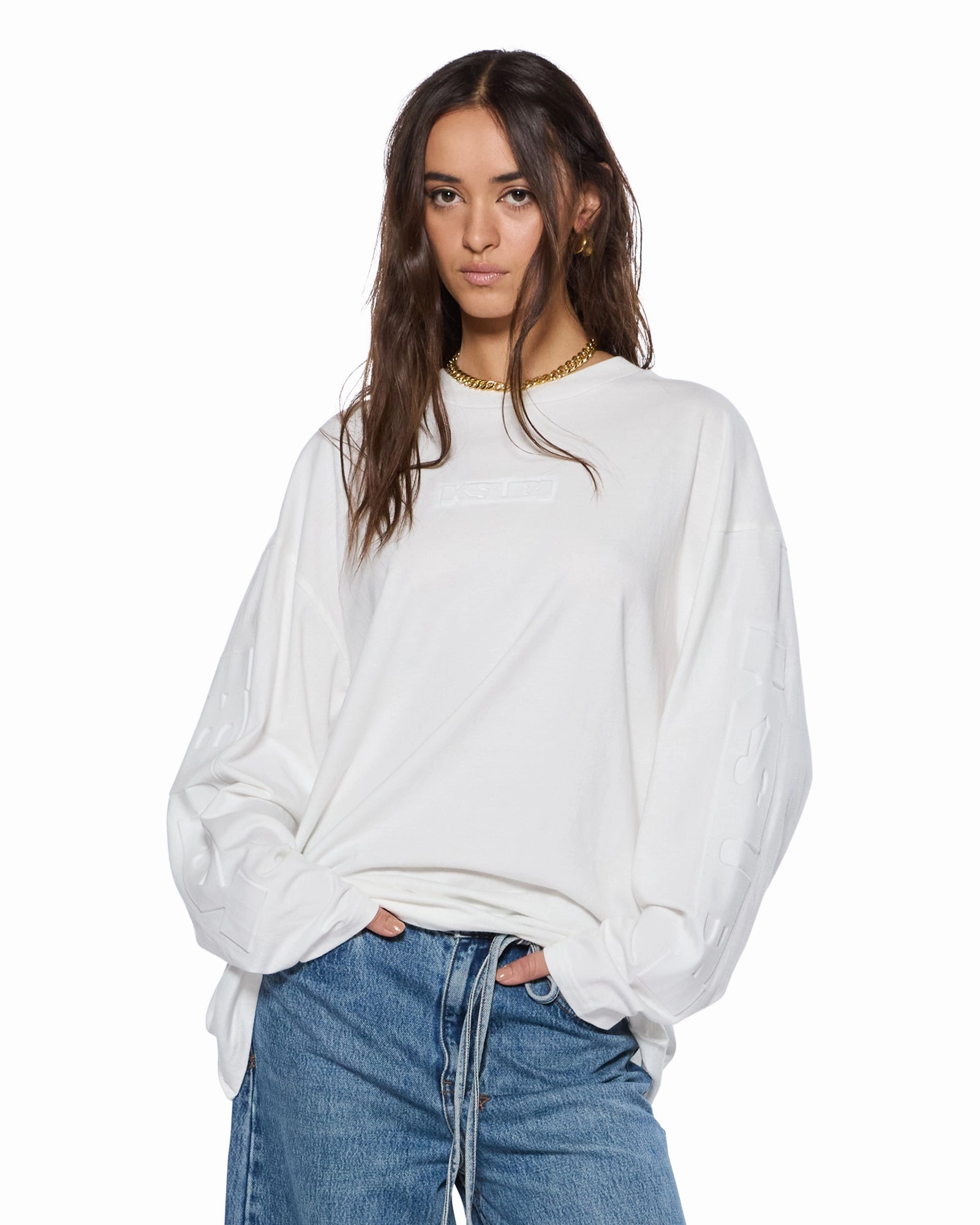 Garment Washed Finish Petal Sleeve Architecture SOTT BOYFRIEND LS TEE VINTAGE WHITE