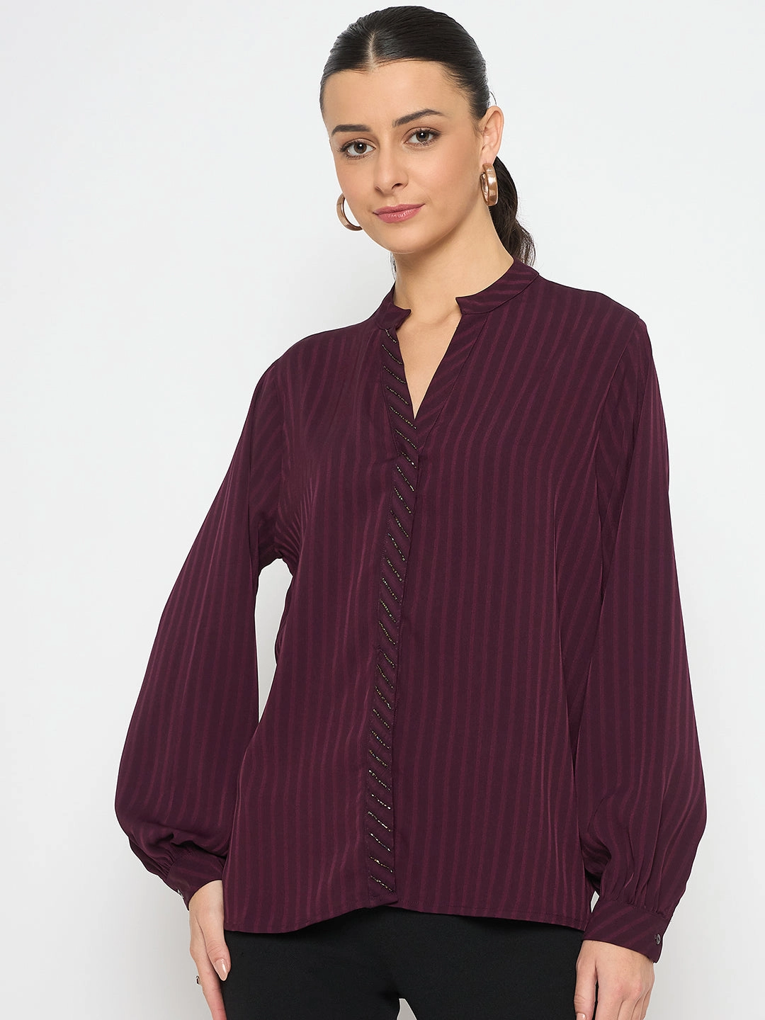 Madame Embellished Striped Cuff Sleeved Plum Top BondedHemline