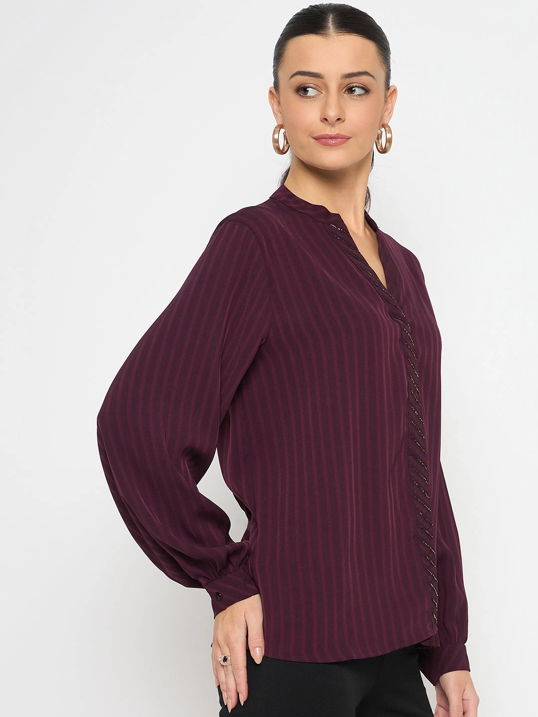 AllDayComfortFit NonToxic Certification Madame Embellished Striped Cuff Sleeved Plum Top