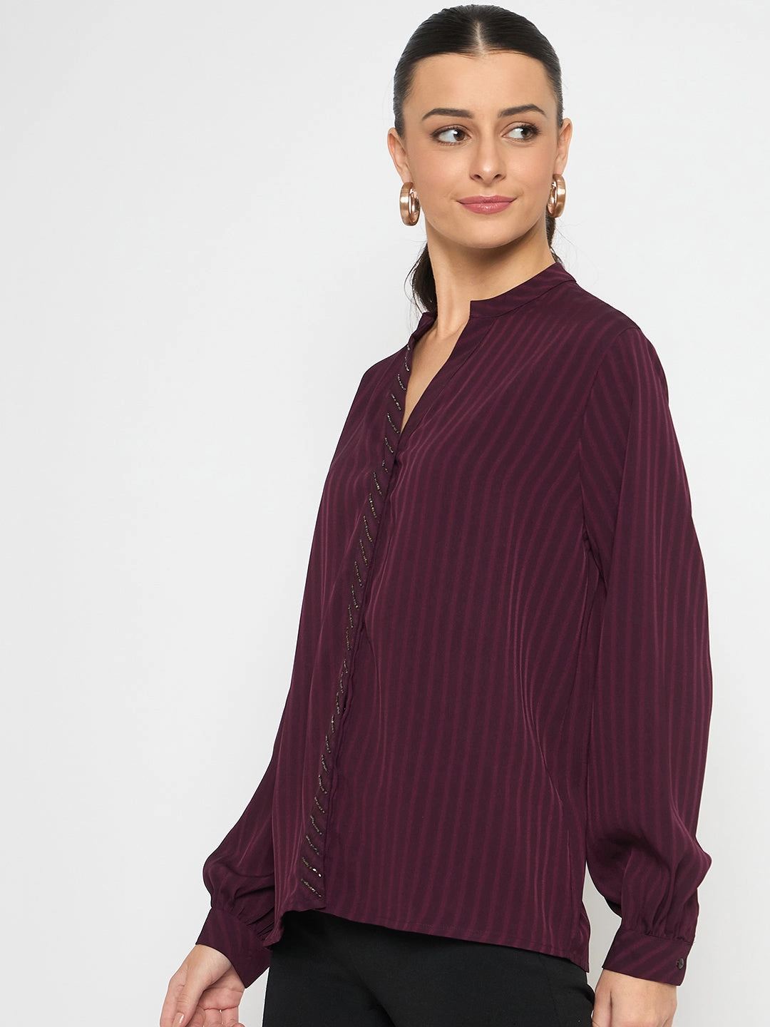 Madame Embellished Striped Cuff Sleeved Plum Top Pocket Reinforcement