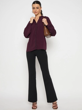 Ultra Soft Texture Sporty Sweatshirt Madame Embellished Striped Cuff Sleeved Plum Top