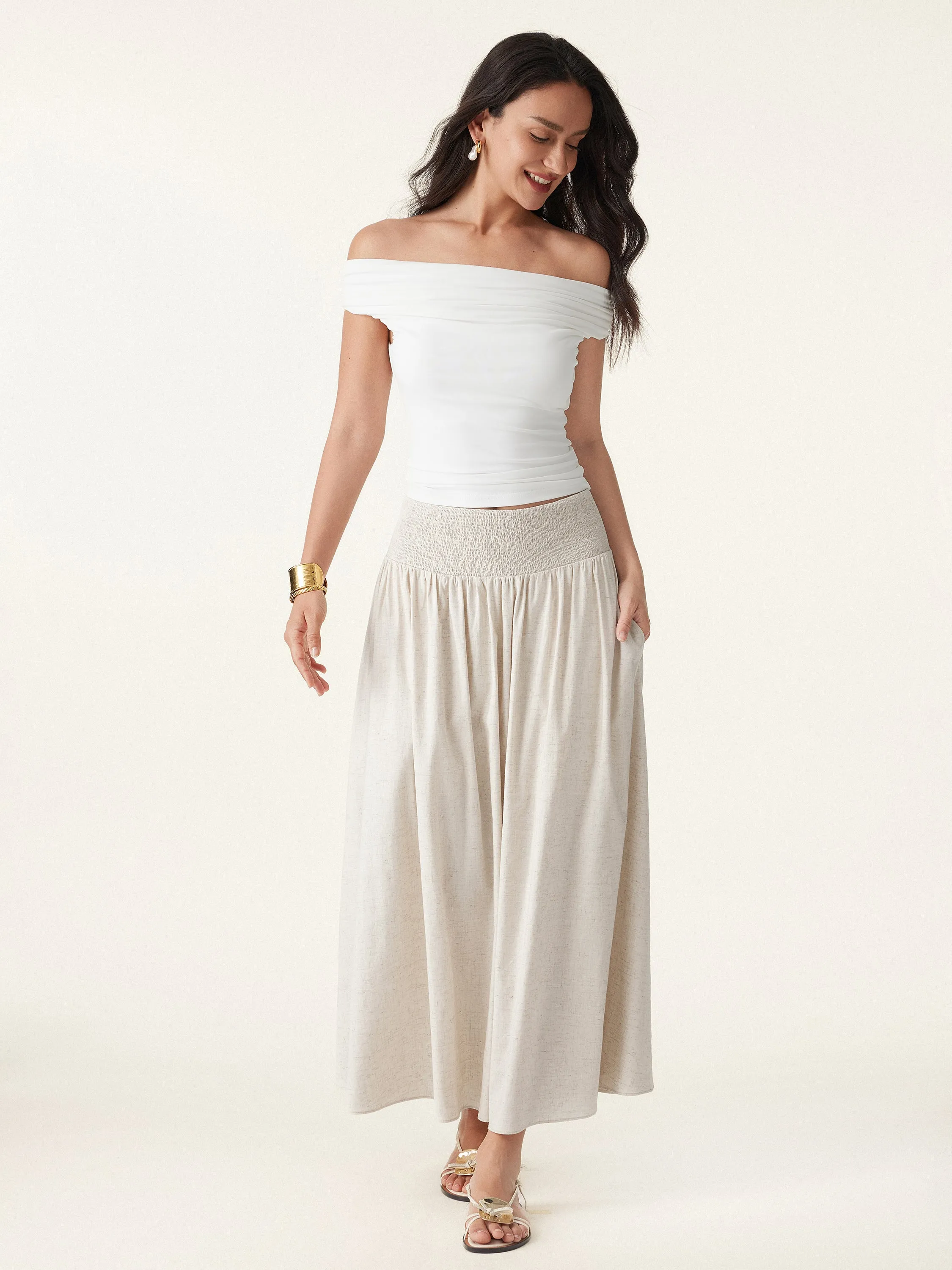 European Linen Smocked Waist Skirt with Pockets Day Wear Non slip grip