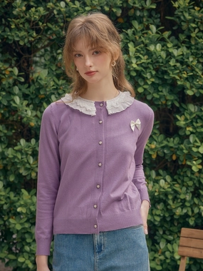 ??Final Sale??Ruby Lace Lapel Contrasting Bow Cardigan - Purple Easy Care Material Clean Lines